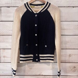 Rewind Button Letterman Style Color Block Cardigan‎ Sweater Blue & White Sz Sm